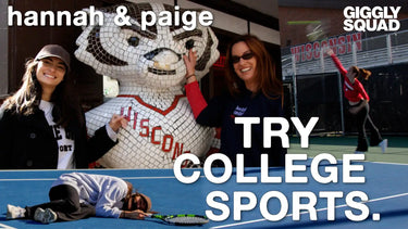 A promotional image for ’Giggly Squad’ featuring two women at the University of Wisconsin, participating in sports.